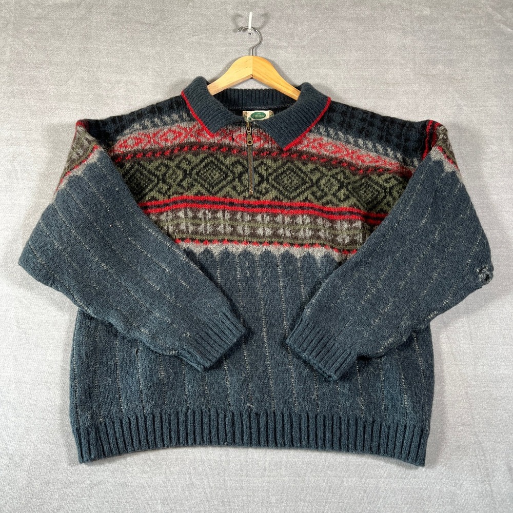 Icewear Nordic Fair Isle Quarter Zip Wool Sweater Mens Large Blue Gray Red
